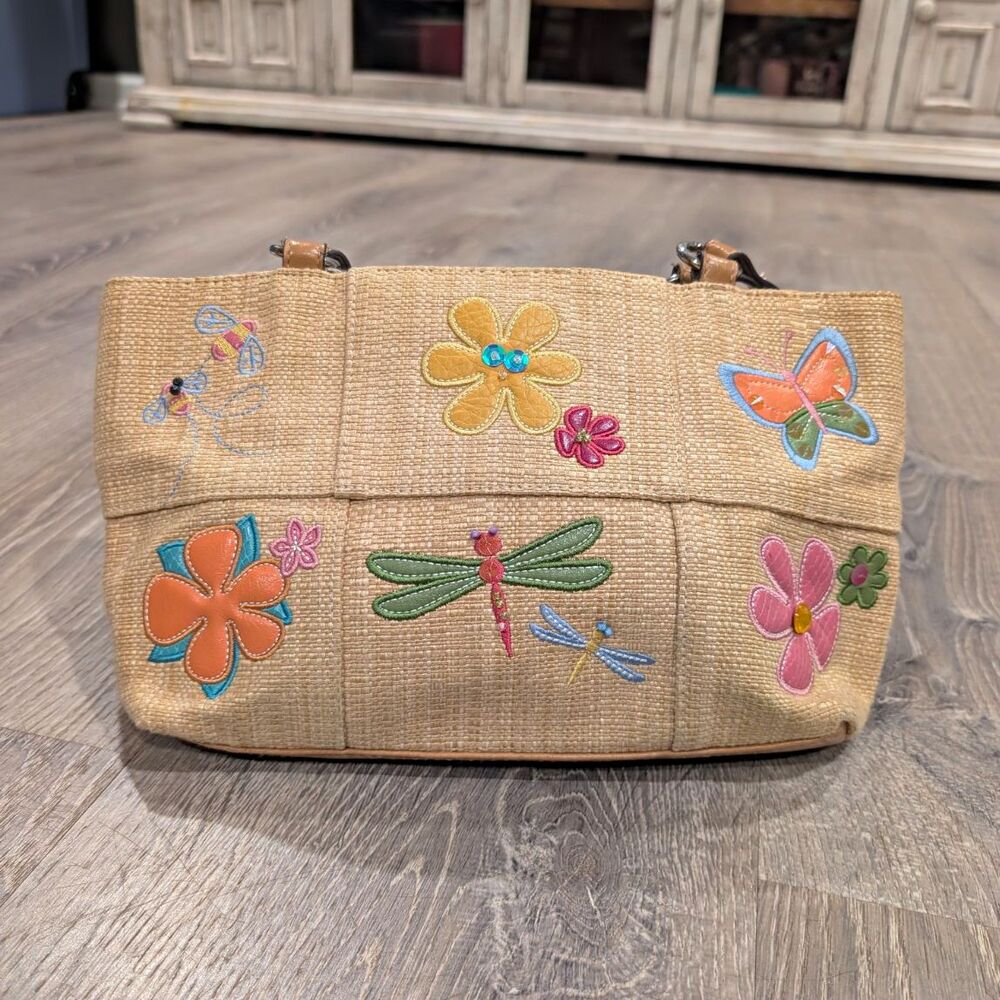Rosetti Vintage Straw Shoulder Bag Embroidered Floral Butterfly Dragonfly Purse